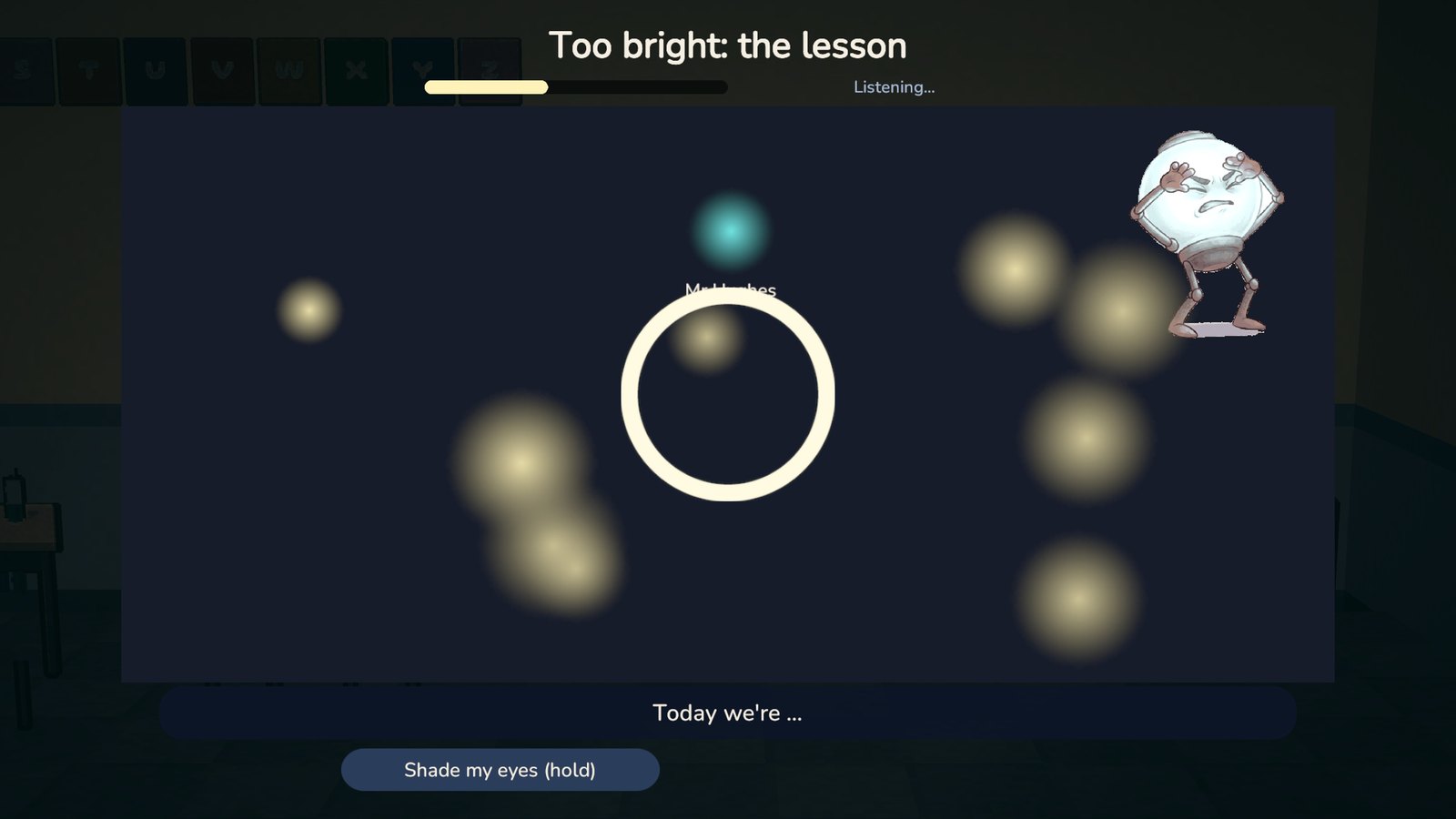 Too bright: shading his eyes from Glare's dazzling lights in a lesson